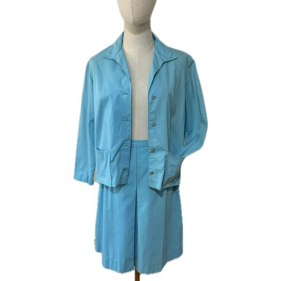 60s QUEEN CASUALS RETRO CULOTTE SKIRT & JACKET SET SPORTY TURQUOISE BLUE SZ 12 - Picture 3 of 16